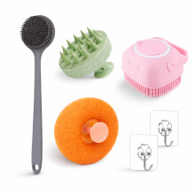 6 PCS Bath Accessories COMBO Set for Men & Women | Long Handle Silicone Back Scrubber Brush Scalp Massage Shampoo Brush Soap Dispensing Shower Scru