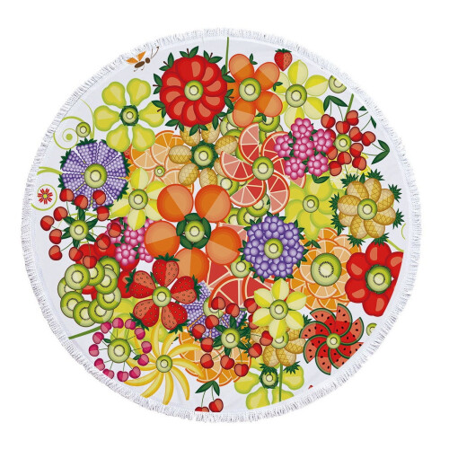 Microfiber Round Beach Towel with Fruit Print and Tassels