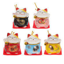 Japanese Maneki Neko Cat Figurine Waving Fortune Statue Set