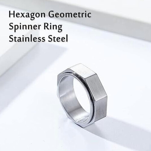 Silver Hexagon Spinner Ring for Men 8MM 1