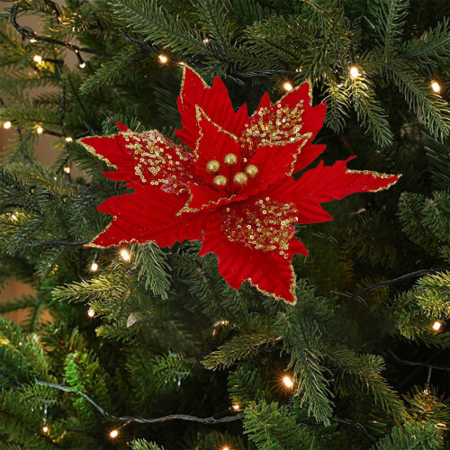 Artificial Glitter Poinsettia Flower Red Christmas Tree 1