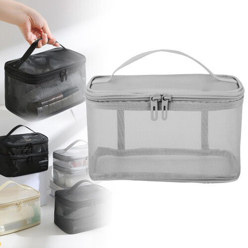 Nylon Mesh Makeup Bag with Divider Large Capacity Grey 1