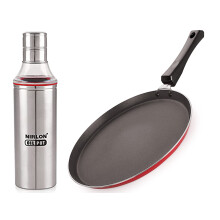 Nirlon Non Stick Aluminum Non Induction Base Flat Tawa 27.5Cm With Tainless Steel Oil Dispenser/Oil Pot 1000Ml Combo Set