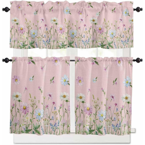 Floral Kitchen Curtains Set Green Blue Pink 3-Pc