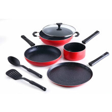 Crystal Classic Series 7-Pc Non-Stick Induction Bottom Cookware Set Pfoa Free Tawa Fry-Pan Kadhai With Glass Lid Sauce Pan With 2 Serving Spoons