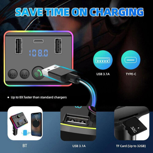 Car MP3 Bluetooth Transmitter with PD Type-C and Dual USB 2