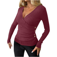 Women's Deep V-Neck Wrap Sweater Long Sleeve Slim Fit