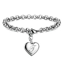 Sterling Silver A-Z Letter Heart Bracelet for Women