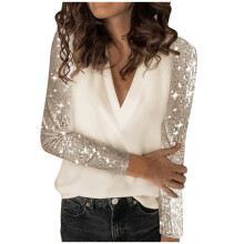 Women's Patchwork Sequin V-Neck Slim Fit Top