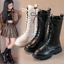Girls White Lace-Up Combat Galoshes Knee-High with Side