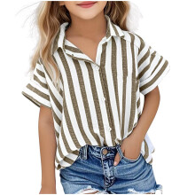 Kids Cotton-Linen Tops with Vertical Stripes and Lapel