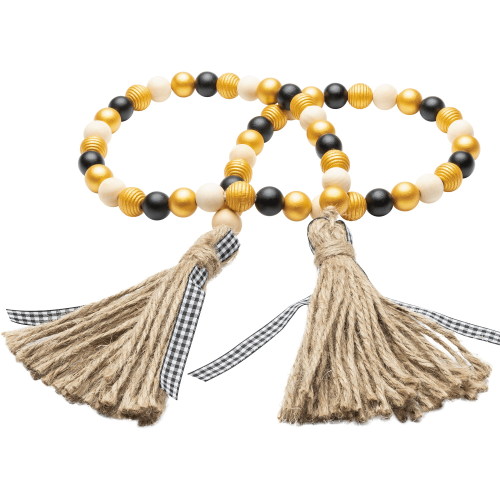 Bee Wooden Beads with Linen Tassels 12 pcs