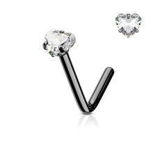 Nose Ring Stud L-Bend Surgical Steel Heart CZ 1pc 20G/18G