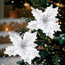 Glitter Poinsettia Christmas Ornaments 2-Pack Silver