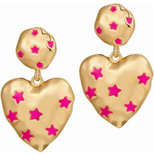 Gold Heart Drop Earrings with Pink Stars for Women