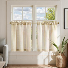 Striped Linen Tier Curtains Beige 24 inch 2 Panels