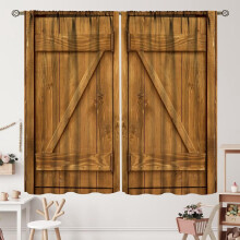 Farmhouse Barn Door Curtains Blue Grey Wooden Plank Rod