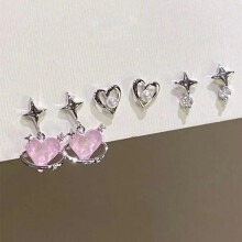Heart Stud Earrings for Women Pink Crystal 6 Pcs