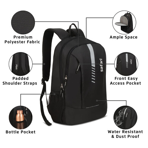 Safari Flash Medium 26L Water Resistant Polyester Casual Standard Backpack - Black 2