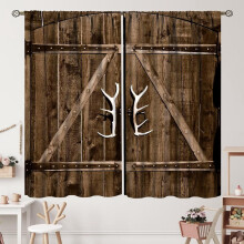 Farmhouse Barn Door Curtains Blue Grey Wooden Plank Rod