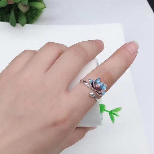 Adjustable Alloy Retro Open Ring Blue Silver Plated 2