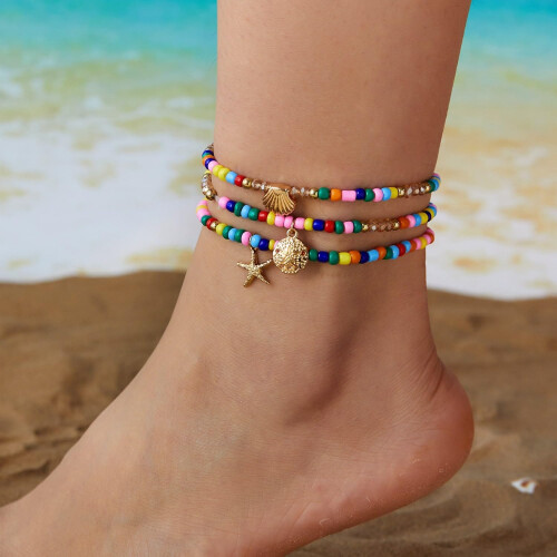 Waterproof Beaded Anklet for Women Gold Boho Seashell Design 1