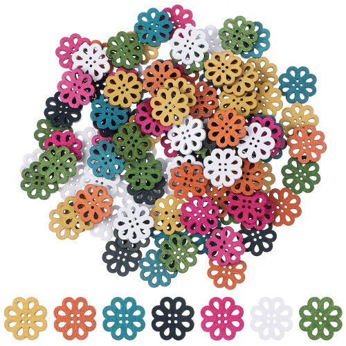 Wooden Buttons Daisy Pattern Green Vintage 100PCS 1