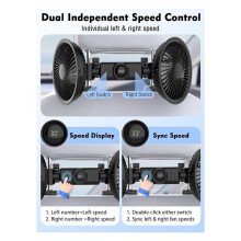 Ventilador de Carro de Dupla Cabeça Recarregável para o Banco Traseiro, Display LED, 3 Velocidades, Rotação de 360 Ventilador de Resfriamento USB