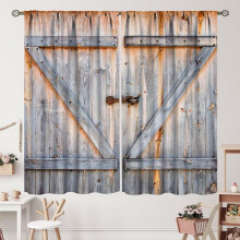 Farmhouse Barn Door Curtains Blue Grey Wooden Plank Rod