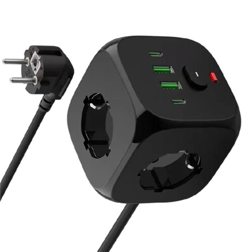 Extensor de Tomada de Parede com 3 Saídas AC, 2 Portas USB e 2 Tipo C, Carregador com Plugue EU e Interruptor com 2 Metros 2