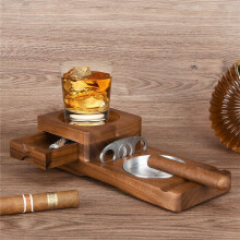 Cendrier en Bois avec Sous-Verre, Plateau pour Verre à Whisky, Coupe-Cigare, Tiroir et Fente pour Cigare. Idéal pour la Maison, le Bureau ou