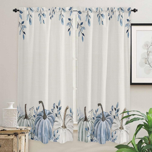 Kitchen Curtains Blue White Pumpkin Eucalyptus 2 Panels 1