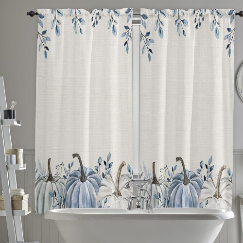 Kitchen Curtains Blue White Pumpkin Eucalyptus 2 Panels 2