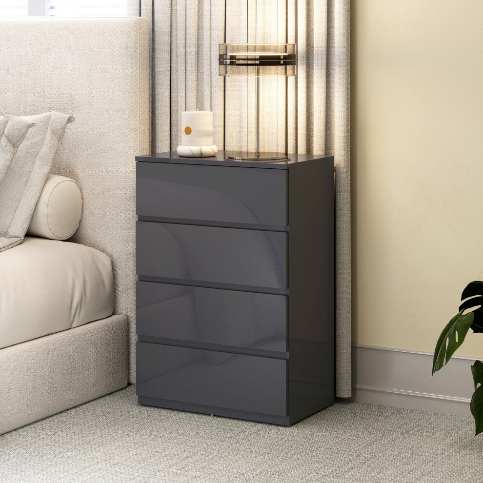 Homcom Bedroom Chest Of Drawers, High Gloss 4 Drawers Dresser, Grey