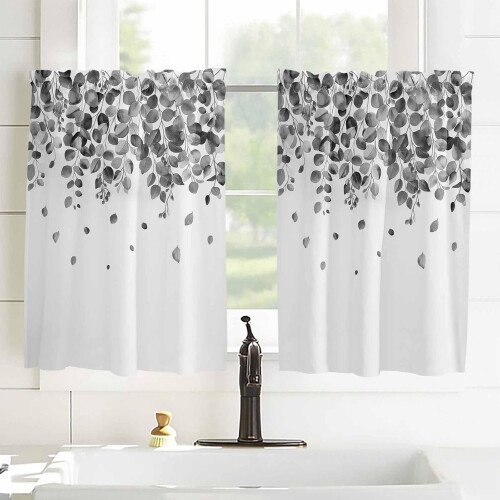 Eucalyptus Black Kitchen Curtains Rod Pocket 2 Panels 52x63 2