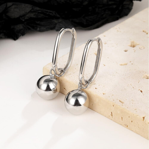 Silver Ball Leverback Earrings White Gold Plated 2