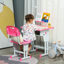 HOMCOM Kids Desk and Chair Set with Drawer, Book Stand, Pen Slot, Pink