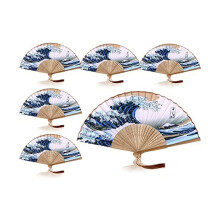 6 StüCke Bambus Seiden Falten Ventilator im Japanischen Stil Kanagawa Meereswellen HandgefüHrte Ventilatoren Faltbare Vintage Dekoration für Frauen