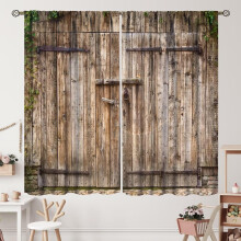 Farmhouse Barn Door Curtains Blue Grey Wooden Plank Rod