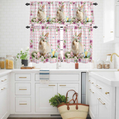 Easter Rabbit Kitchen Curtains Set Watercolor Bunny Floral 2