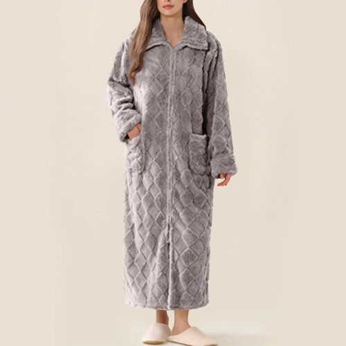 Women's Plush Zip-Up Bathrobe Warm Fluffy Cozy Housecoat 2
