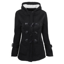 Women's Horn-Button Hooded Padded Cardigan Jacket Black 2XL