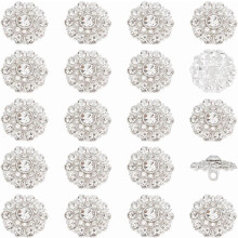 Rhinestone Buttons Flower Shape Silver Alloy 20 pcs