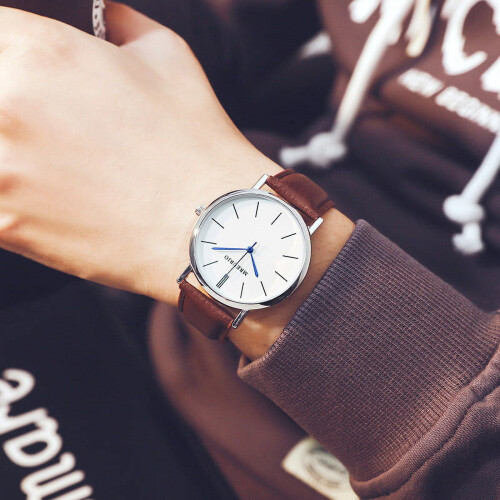 Men's Quartz Watch Silver Case White Dial Brown Leather 2