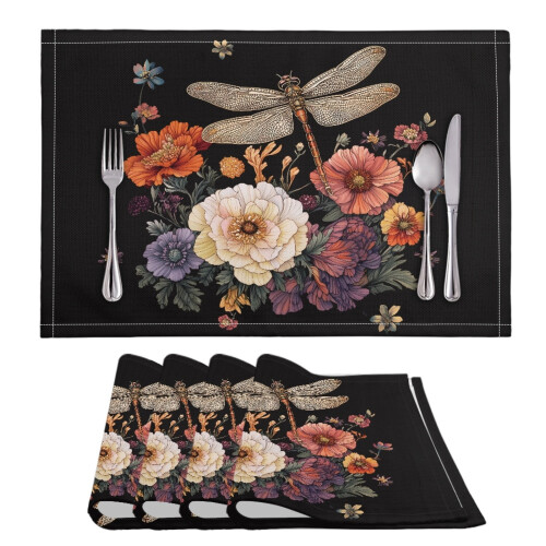 Floral Butterfly Black Placemats 4PCS Absorbent Washable