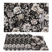 Peony Flower Placemats Black Non-Slip Washable Set of 6