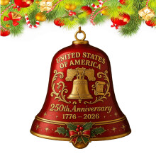 USA 250th Anniversary Bell Ornament Acrylic Gold Red Enamel