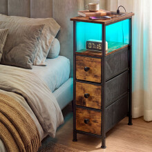Levede Bedside Table with LED Light Charging 3 Fabric Drawers Storage Brown