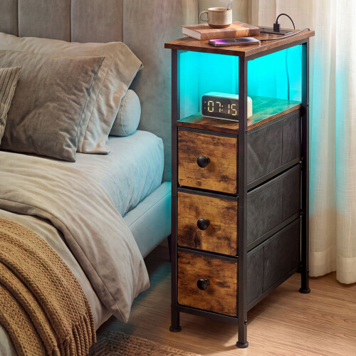 Levede Bedside Table with LED Light Charging 3 Fabric Drawers Storage Brown