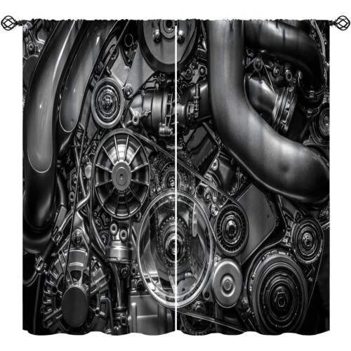 Black Car Engine Curtains Rod Pocket 2 Panels 52x63in